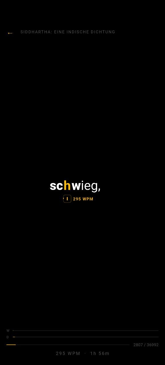 RSVP-Reader: ein Wort am festen Fokuspunkt, ORP-Buchstabe in Amber.