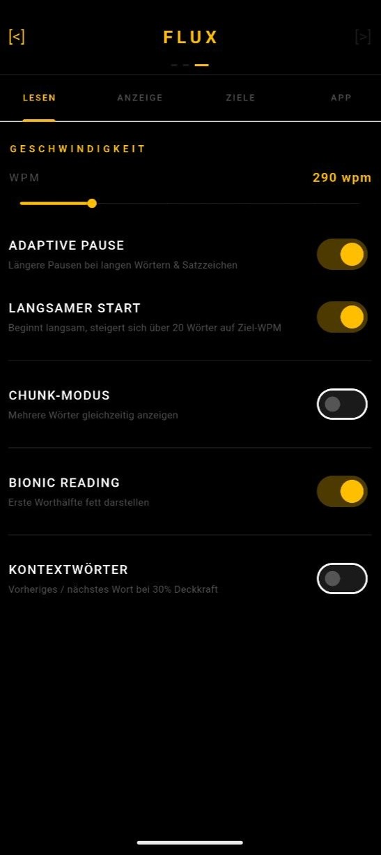 Lese-Einstellungen: WPM, adaptive Pause, langsamer Start, Bionic Reading.